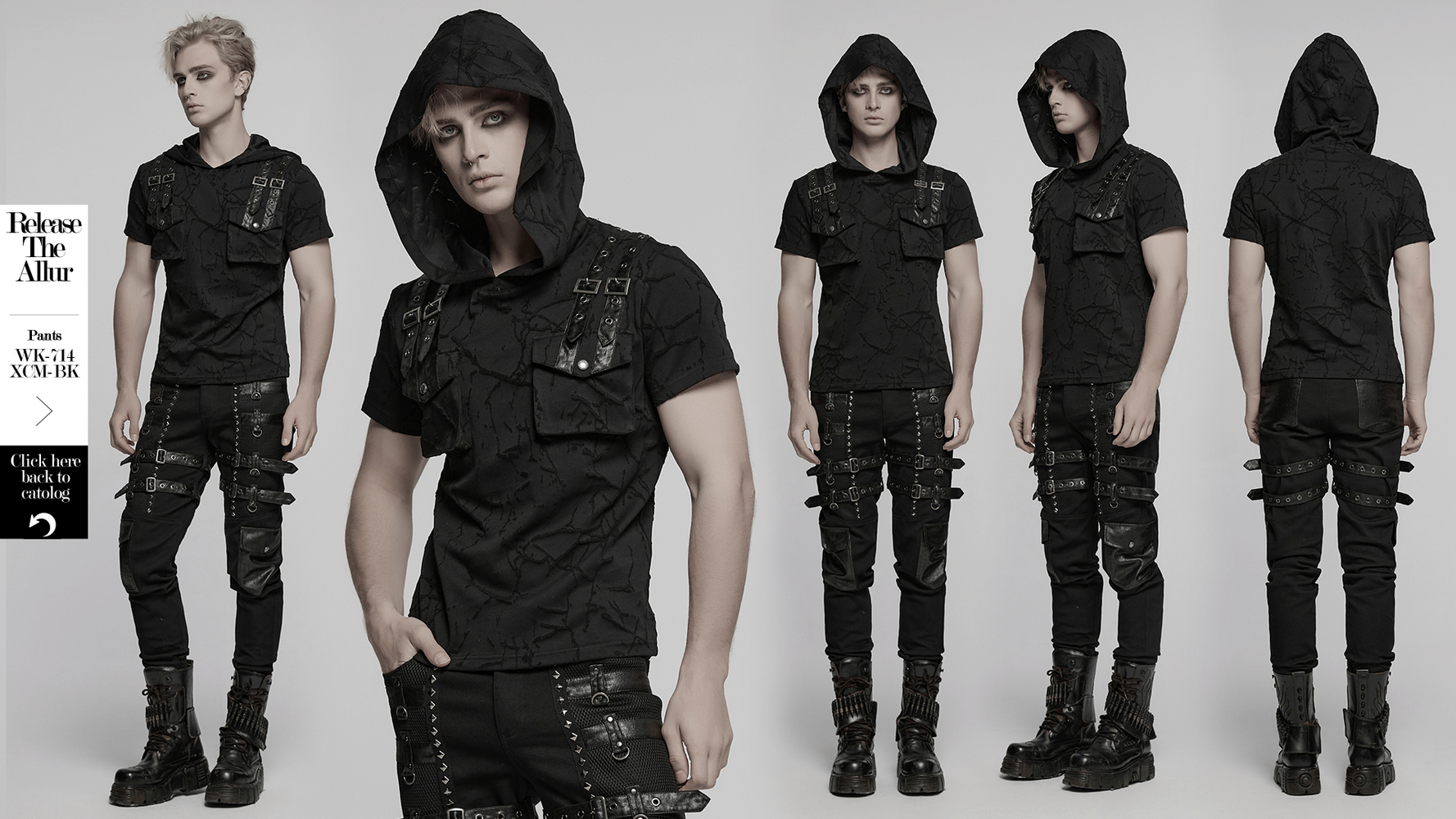 Punk hooded T-shirt with cracked texture, dual pockets, and decorative shoulder straps, showcasing edgy alternative fashion.