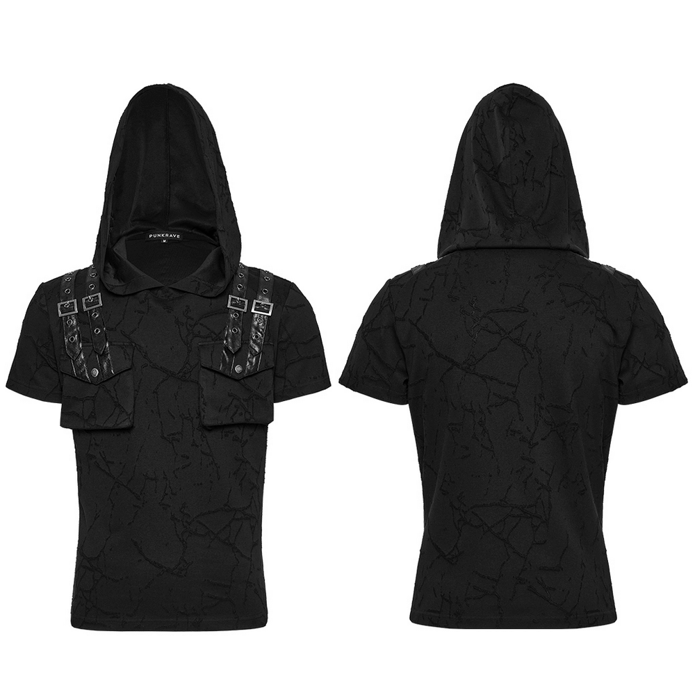 Cracked texture hooded punk T-shirt with shoulder straps and dual pockets, perfect for an edgy look.
