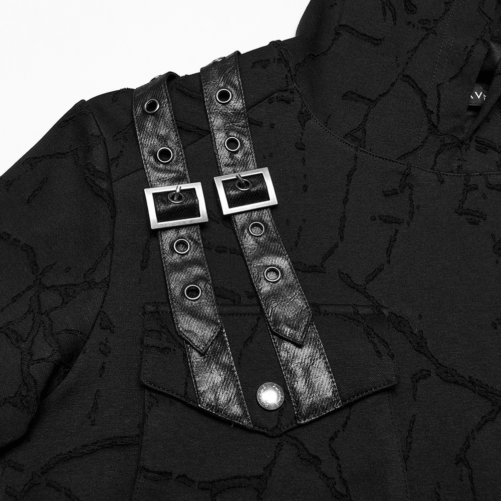 Cracked texture hooded punk T-shirt with decorative shoulder straps and dual pockets in edgy black.