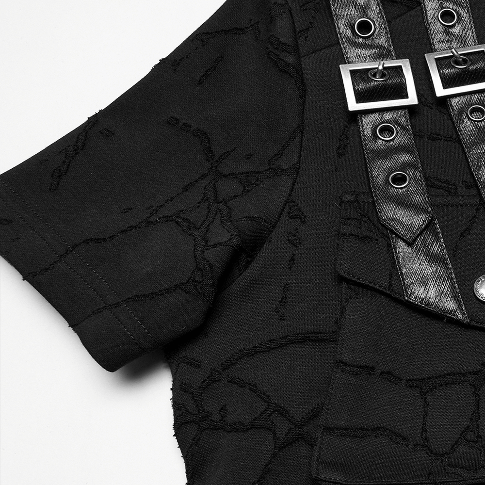 Cracked texture hooded punk T-shirt showcasing decorative shoulder straps and dual pockets for a bold style.