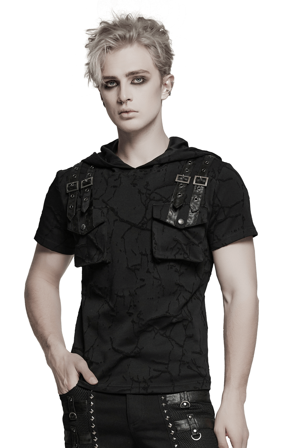 Edgy cracked texture hooded punk T-shirt with decorative shoulder straps and dual pockets.