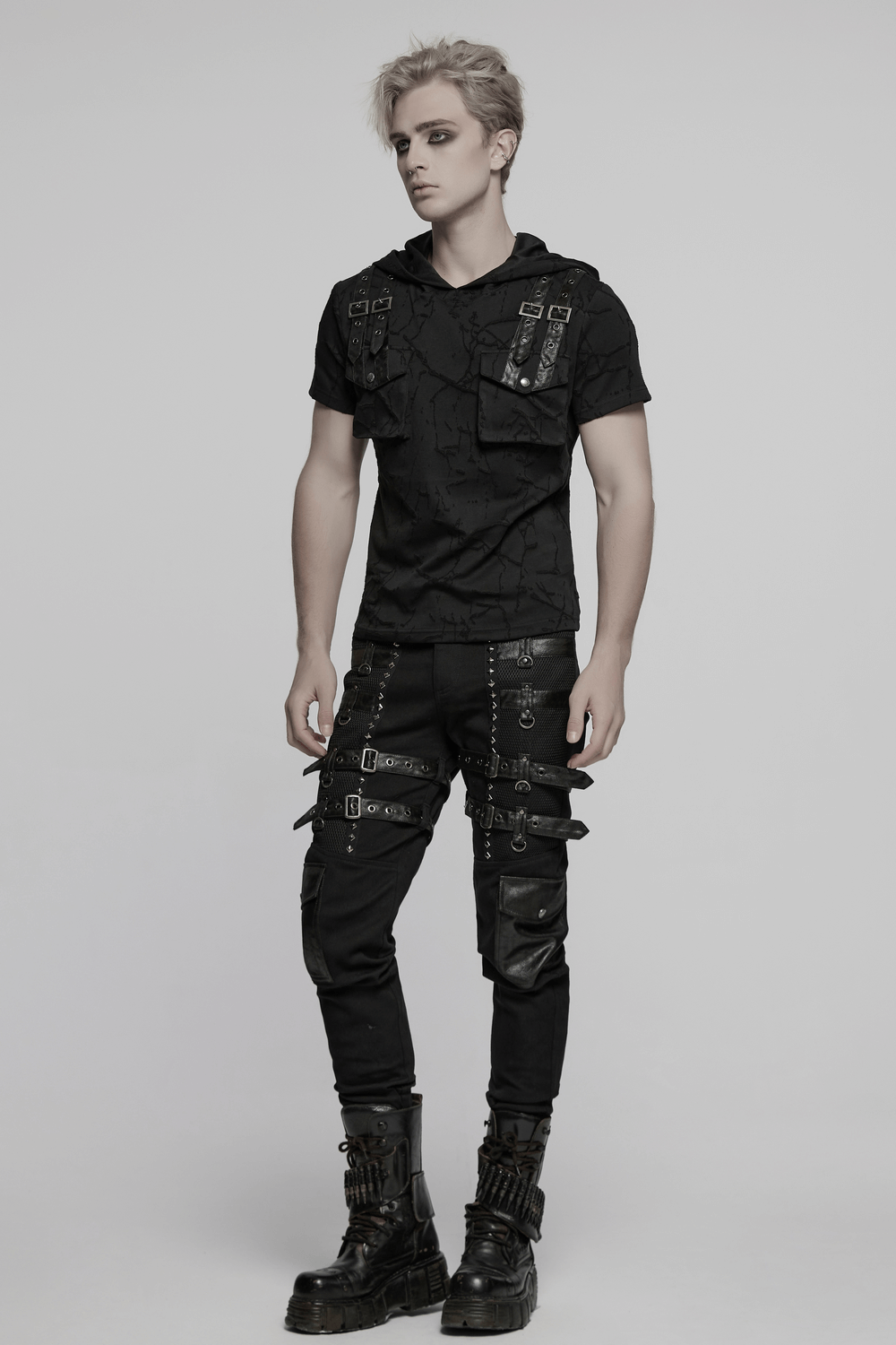 Edgy hooded punk T-shirt with dual pockets and shoulder straps, showcasing a cracked texture and alternative style.