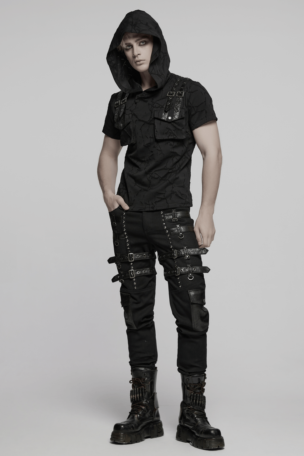 Edgy cracked texture hooded punk T-shirt with decorative shoulder straps and dual pockets.