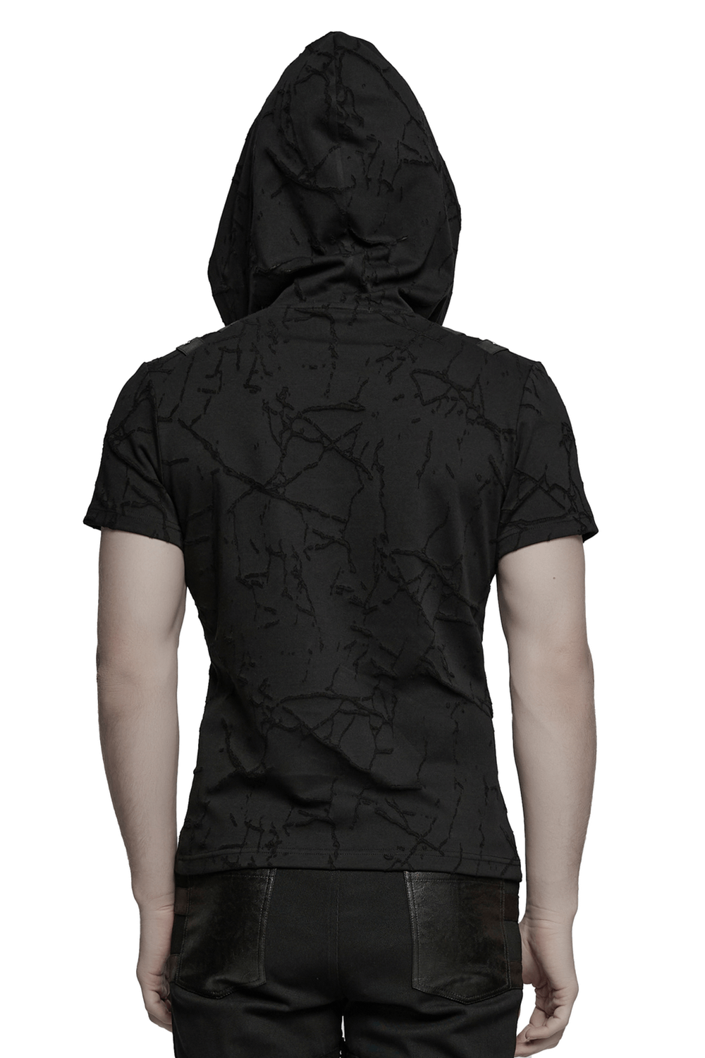 Back view of a black cracked texture hooded punk T-shirt showcasing decorative shoulder straps.