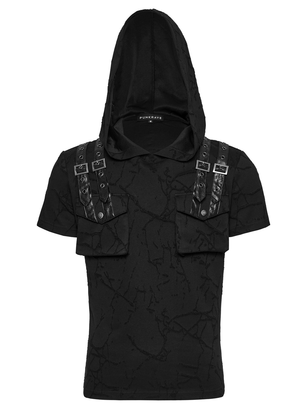 Cracked texture hooded punk T-shirt with shoulder straps and dual pockets for an edgy, alternative style.
