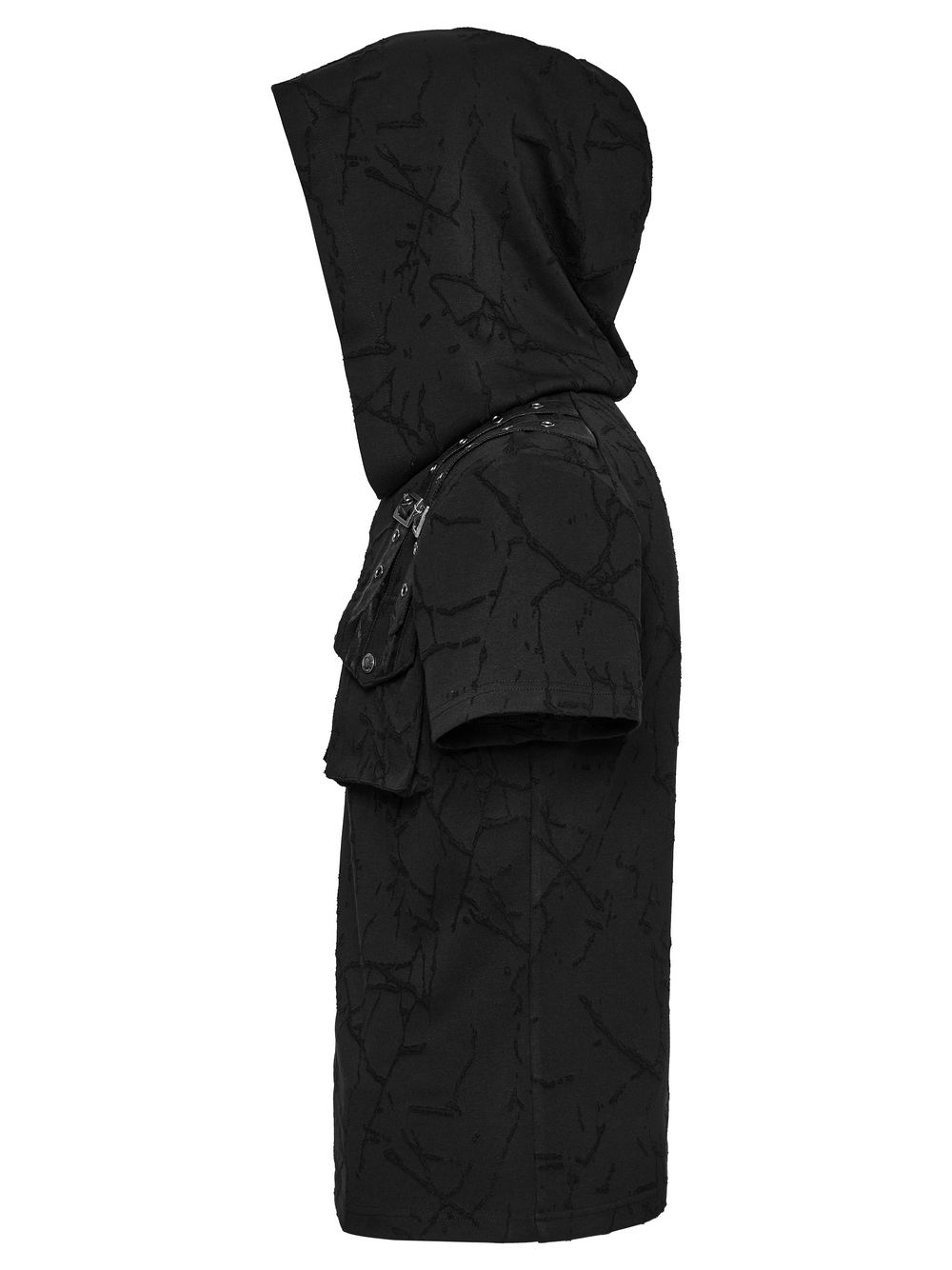 Side view of a cracked texture hooded punk T-shirt with decorative shoulder strap and dual pockets.