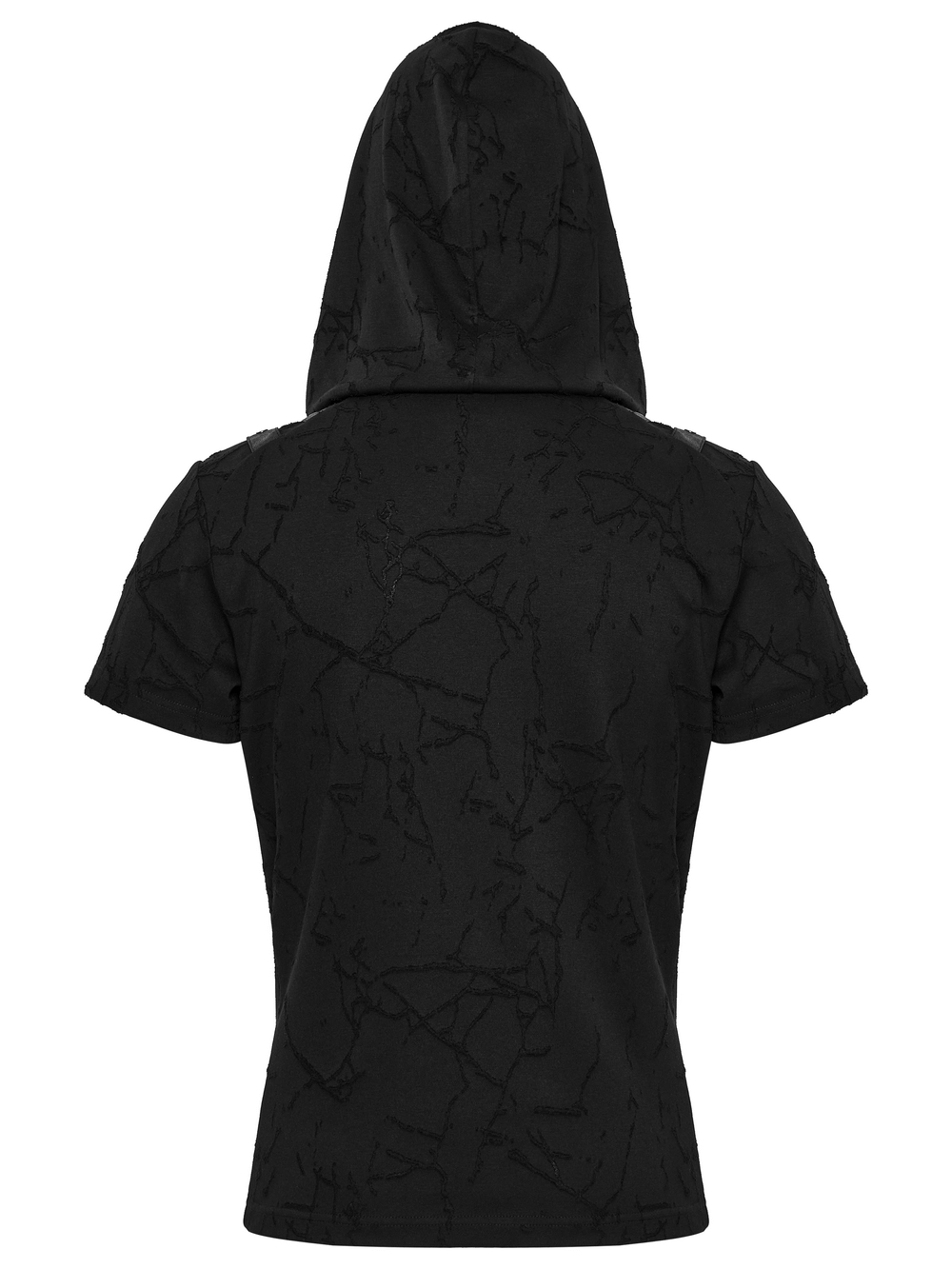 Back view of cracked texture hooded punk T-shirt with decorative shoulder straps and dual pockets.