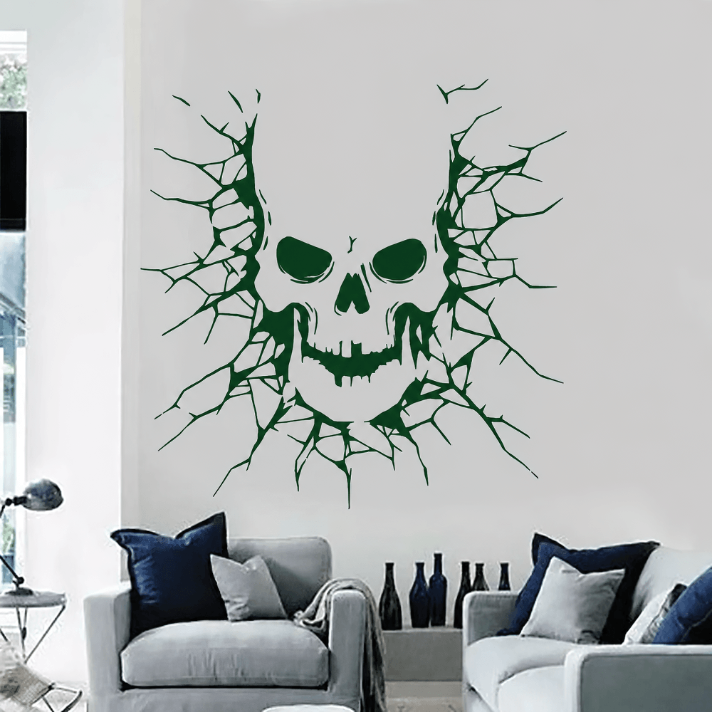 Cracked Wall Skull Horror Vinyl Decal Sticker on a living room wall, adding spooky decor for Halloween.