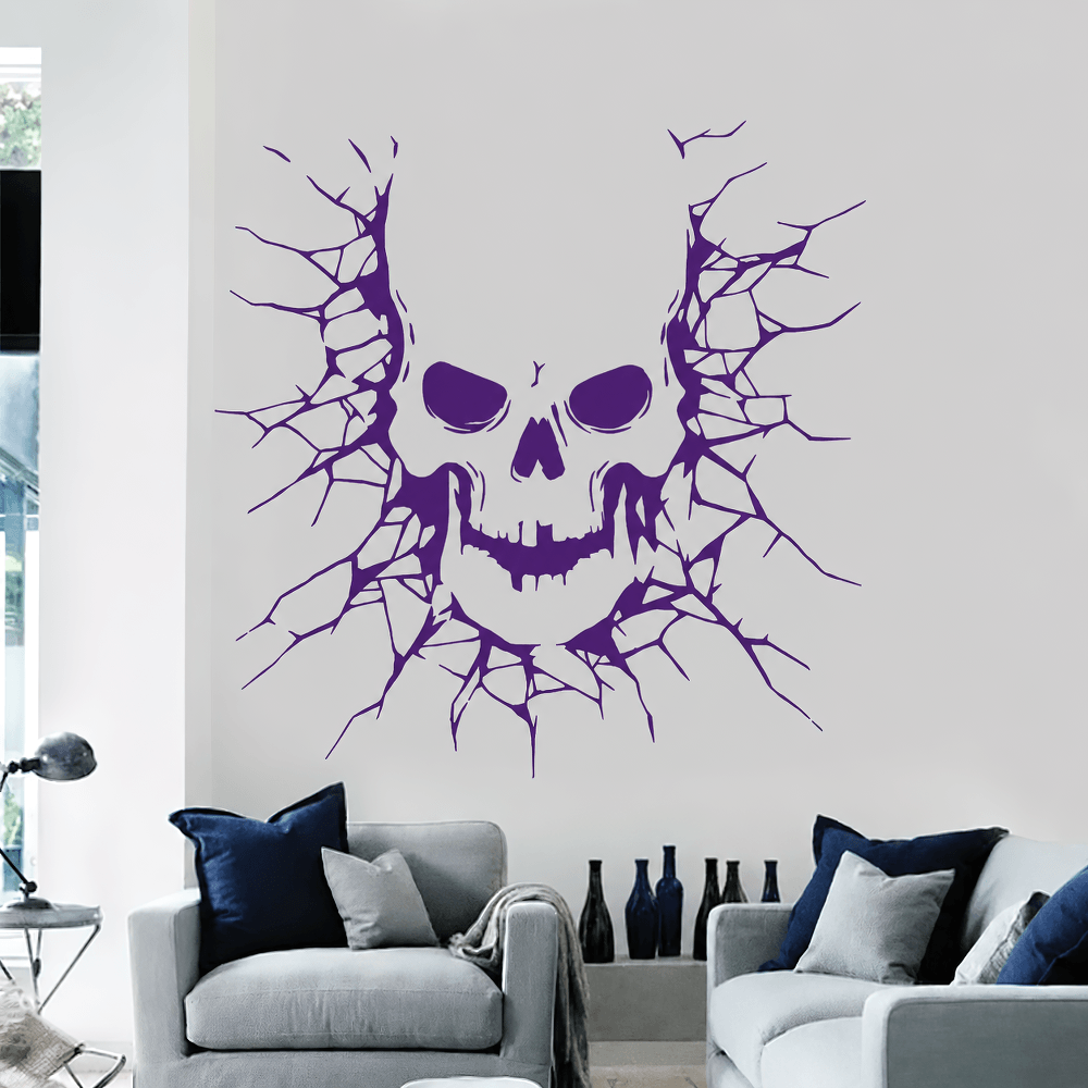 Cracked Wall Skull Horror Vinyl Decal Sticker creating a chilling scene on a living room wall.