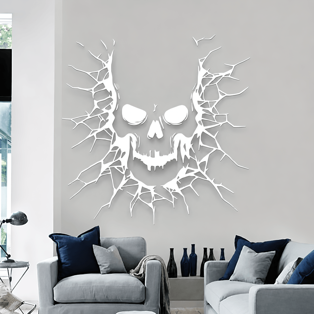 Cracked Wall Skull Horror Vinyl Decal Sticker on a gray wall in a modern living room setting, perfect for Halloween decor.