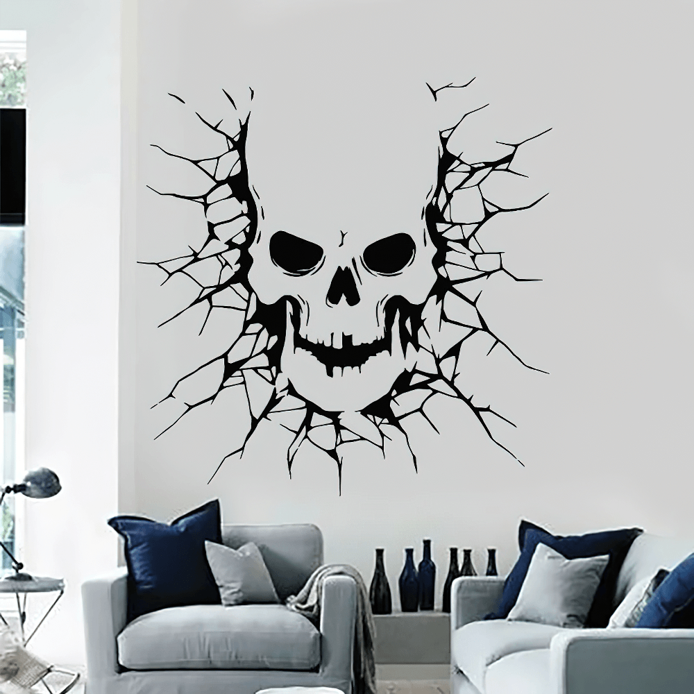 Cracked Wall Skull Horror Vinyl Decal Sticker showing a skull breaking through cracked wall in a modern living room.