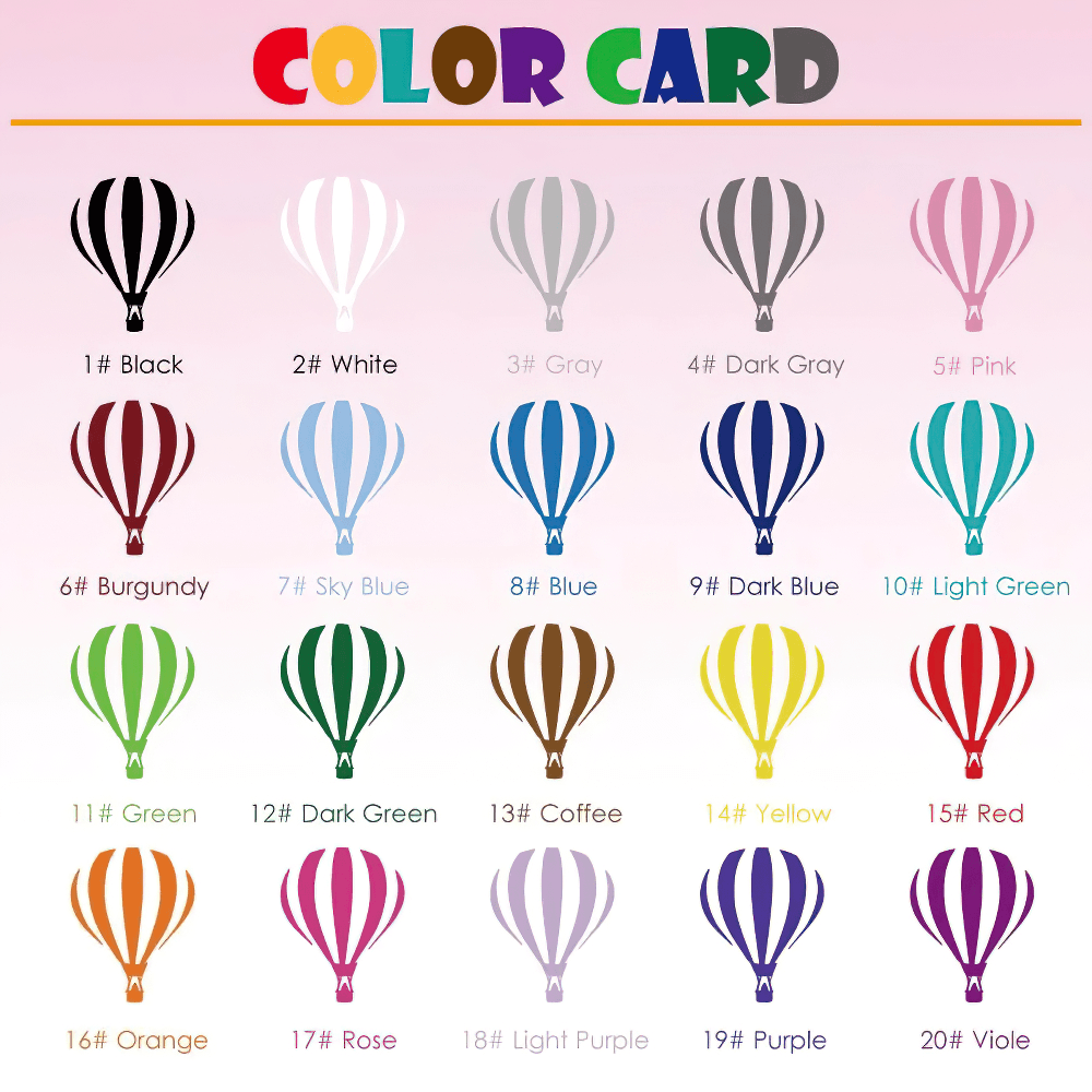 Color card displaying 20 vibrant hot air balloon designs including colors like black, white, pink, and more.