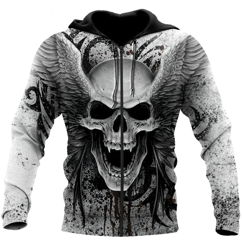 Crazy Skull With Angel Wings / Casual Men's Hoodies With Zip - HARD'N'HEAVY