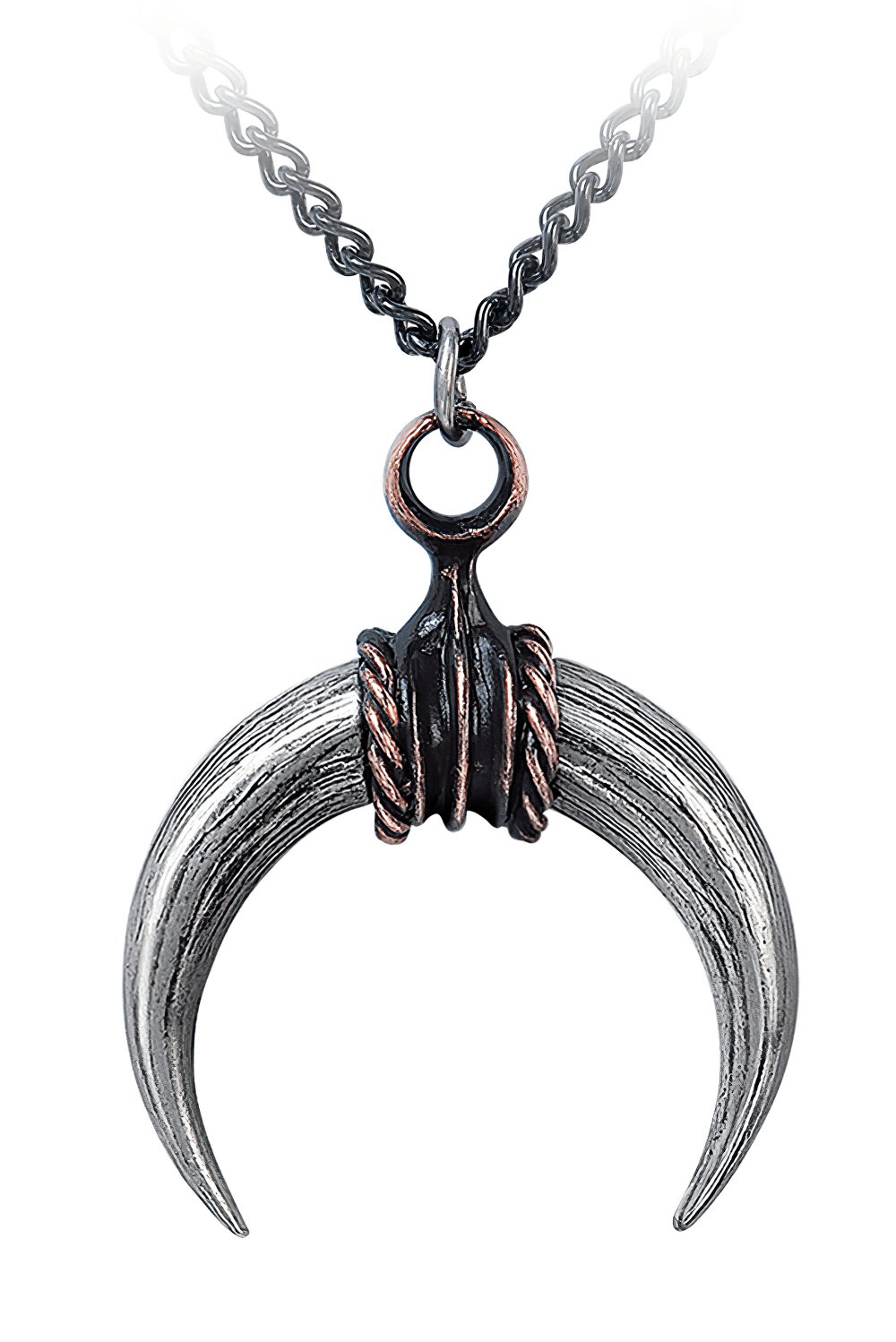 Crescent bull horn pendant with antiqued finish, showcasing detailed craftsmanship and unique charm on a chain.