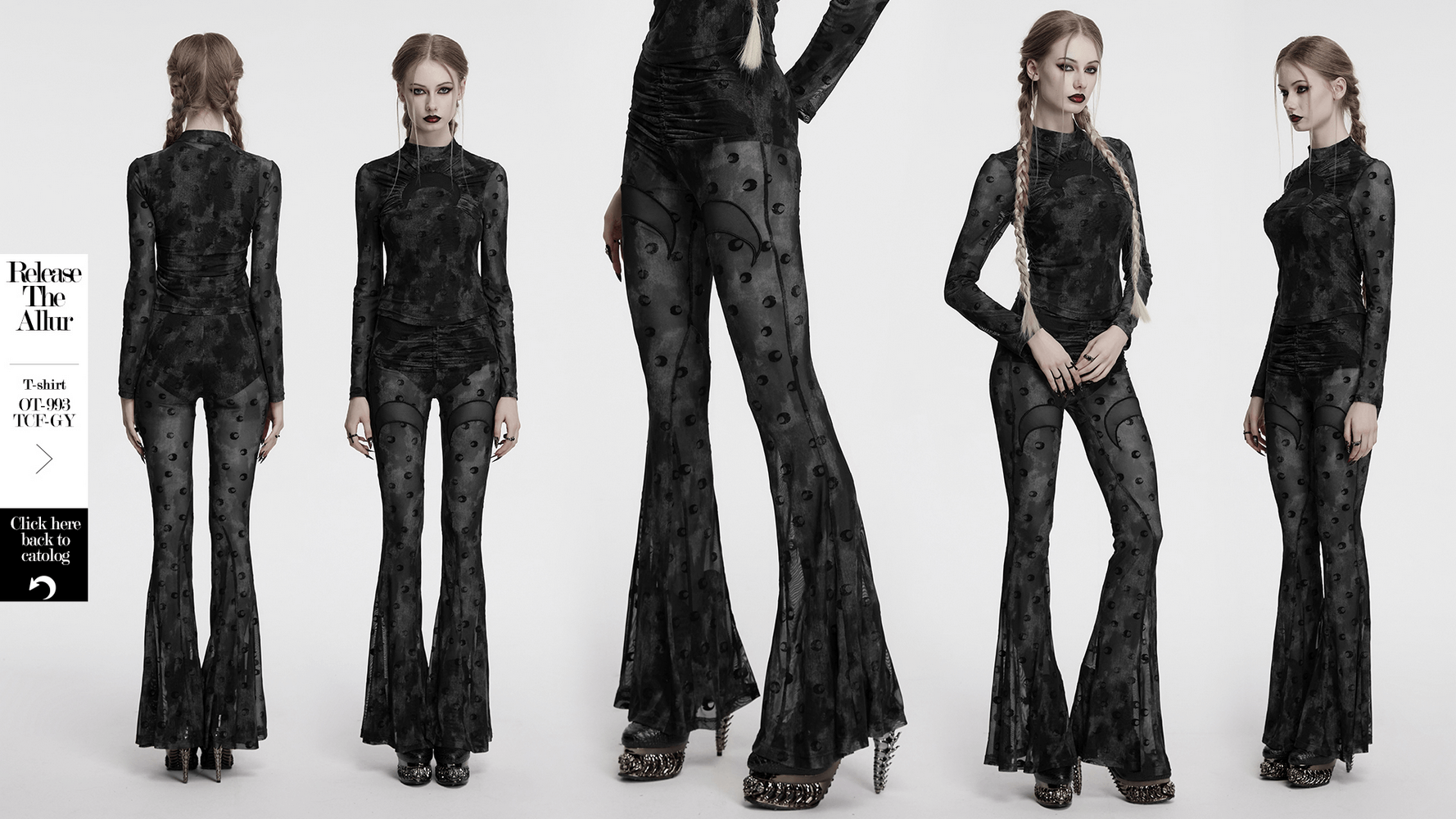 Crescent Moon Mesh Flare Pants with pleated waist strap, showcasing intricate moon print and flattering fit.