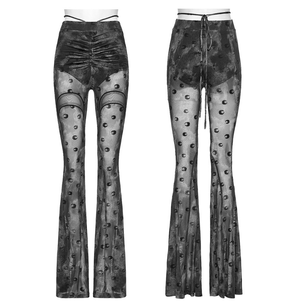 Crescent moon mesh flare pants featuring pleated waist strap and eye-catching celestial print for bold fashion.