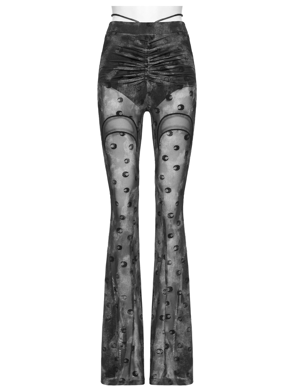 Crescent moon mesh flare pants with pleated waist strap, featuring moon print and elegant flared design.