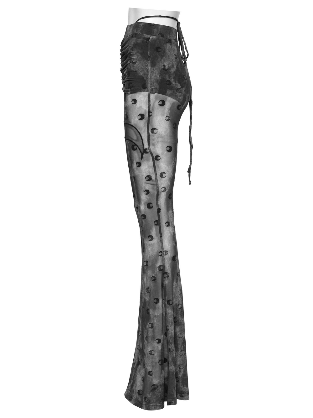 Crescent Moon Mesh Flare Pants with pleated waist strap and elastic moon-printed mesh design.