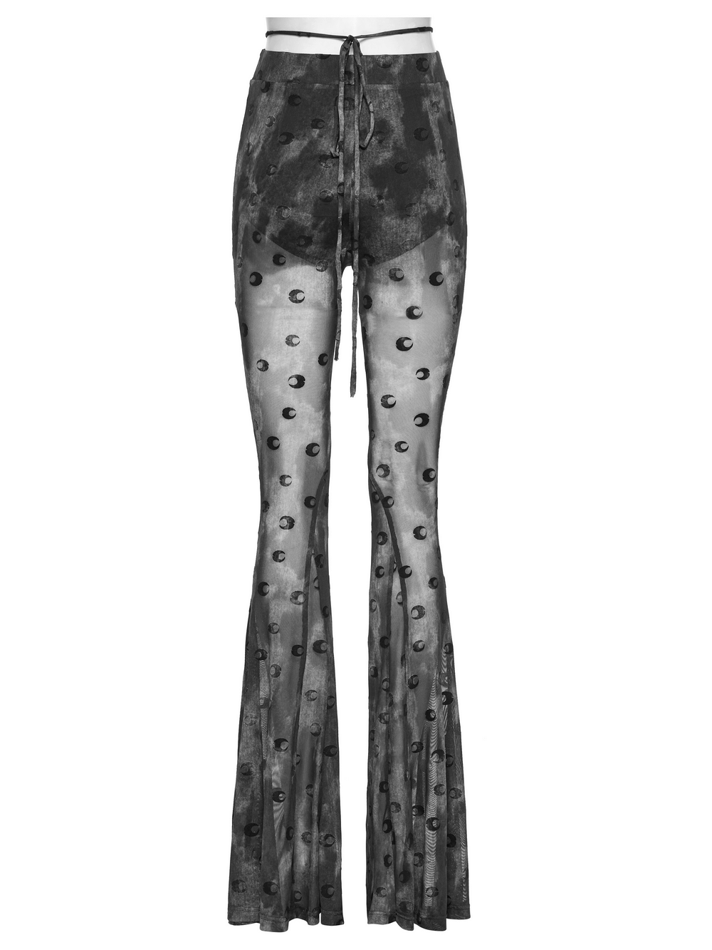 Crescent moon mesh flare pants with pleated waist strap, featuring a mystical moon print and stylish design.