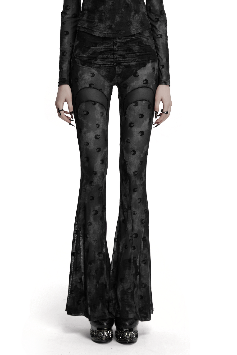 Crescent Moon Mesh Flare Pants featuring a pleated waist strap and moon print for a bold, mystical look.
