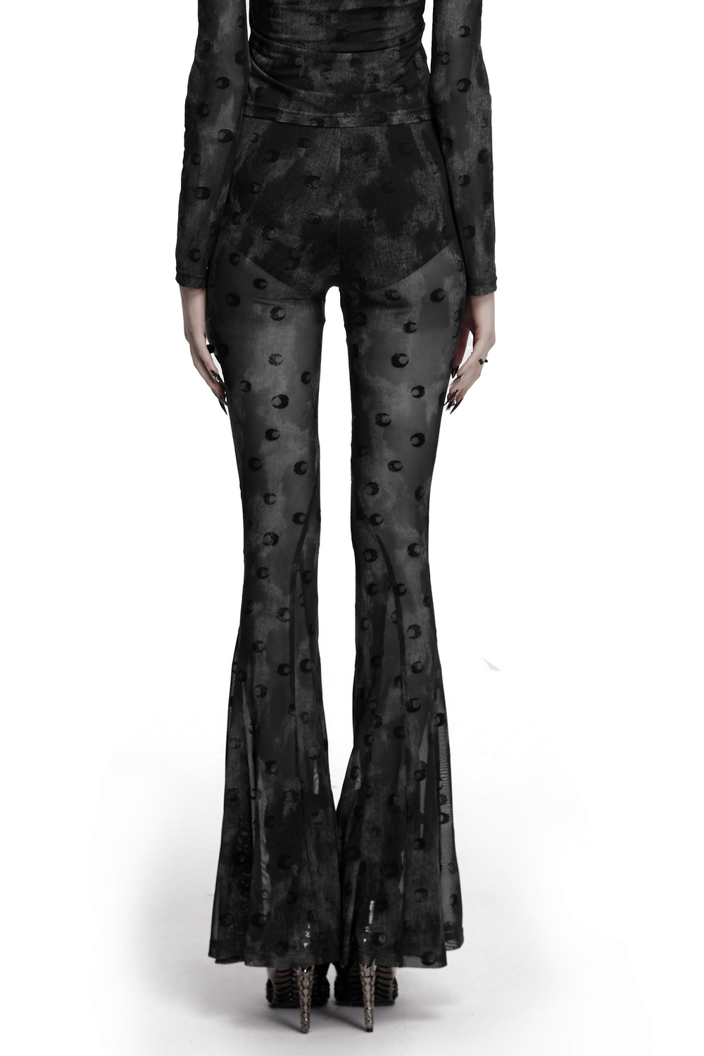 Back view of crescent moon mesh flare pants with pleated waist strap, featuring moon print and elegant flared design.
