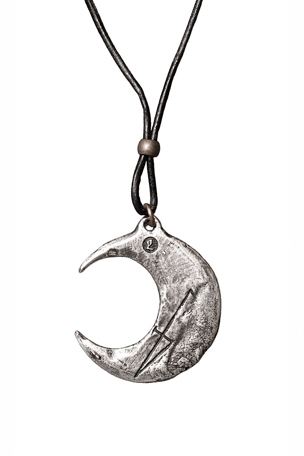 Crescent Moon Pendant Necklace with Pewter Talisman on black cord, featuring a textured lunar design.