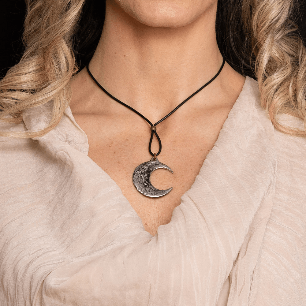 Crescent Moon Pendant Necklace with Pewter Talisman worn by a model, showcasing lunar and occult symbolism.