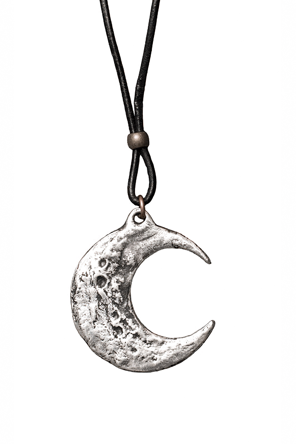 Crescent Moon Pendant Necklace with Pewter Talisman featuring a textured gray moon charm on a black cord.