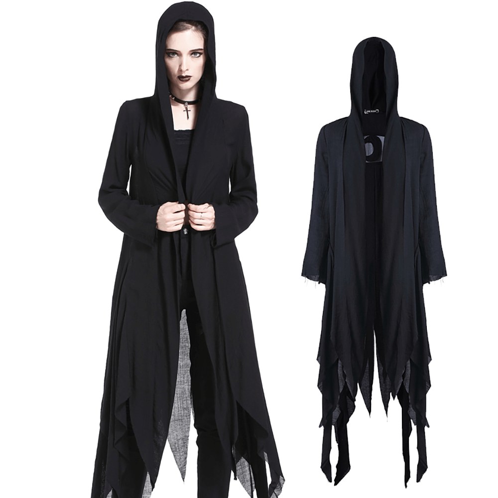 Crescent Moon Shredded Gothic Punk Long Hoodie Trench Coat, featuring dramatic hood and edgy shredded design.