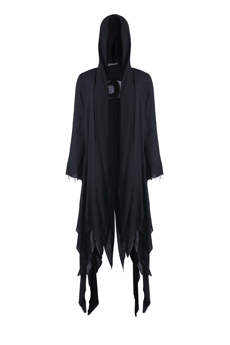 Crescent Moon Shredded Gothic Punk Long Hoodie Trench Coat in black, featuring dramatic fringe and oversized hood.