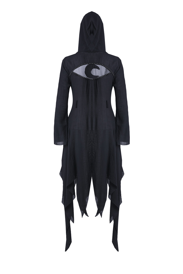 Crescent Moon Shredded Gothic Punk Long Hoodie Trench Coat with dramatic hood and stylish eye cut-out.