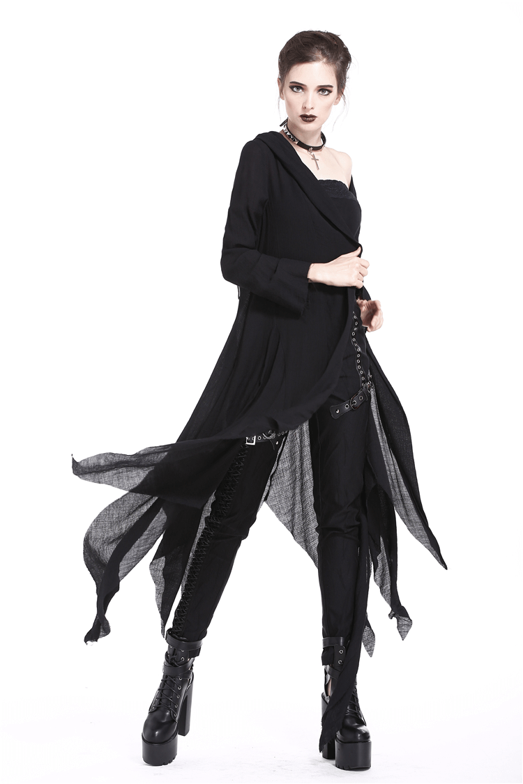 Black shredded goth long hoodie trench coat worn by model with dramatic flowing design and edgy style.