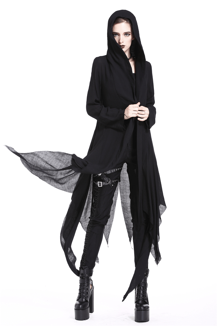 Crescent Moon Shredded Gothic Punk Long Hoodie Trench Coat, flowing silhouette, oversized hood, dramatic style.