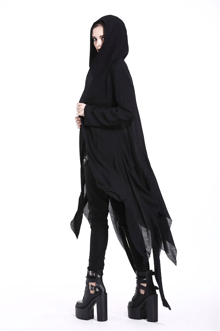 Model showcasing a black crescent moon shredded hoodie trench coat with oversized hood and edgy goth punk style.