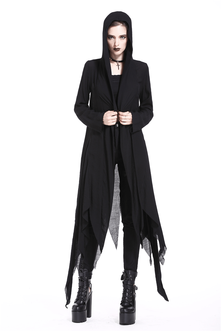 Crescent Moon Shredded Gothic Punk Long Hoodie Trench Coat showcasing a dramatic silhouette and oversized hood.