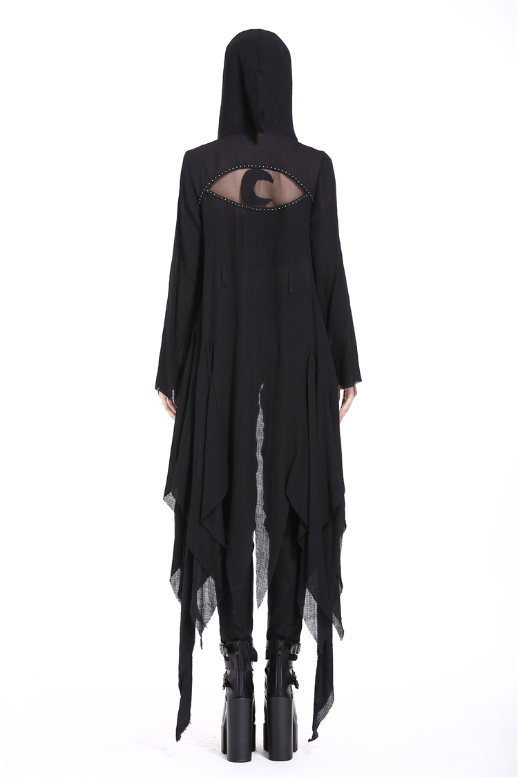 Back view of Crescent Moon Shredded Gothic Punk Long Hoodie Trench Coat with flowing silhouette and crescent moon cut-out.