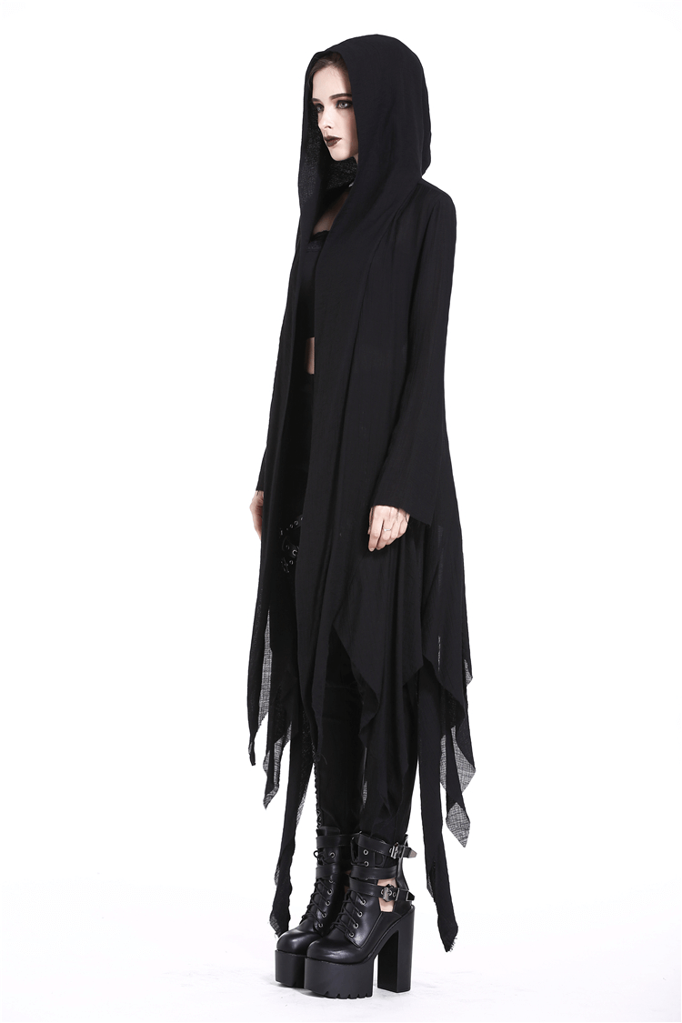Crescent Moon Shredded Gothic Punk Long Hoodie Trench Coat in black, featuring a flowing silhouette and oversized hood.