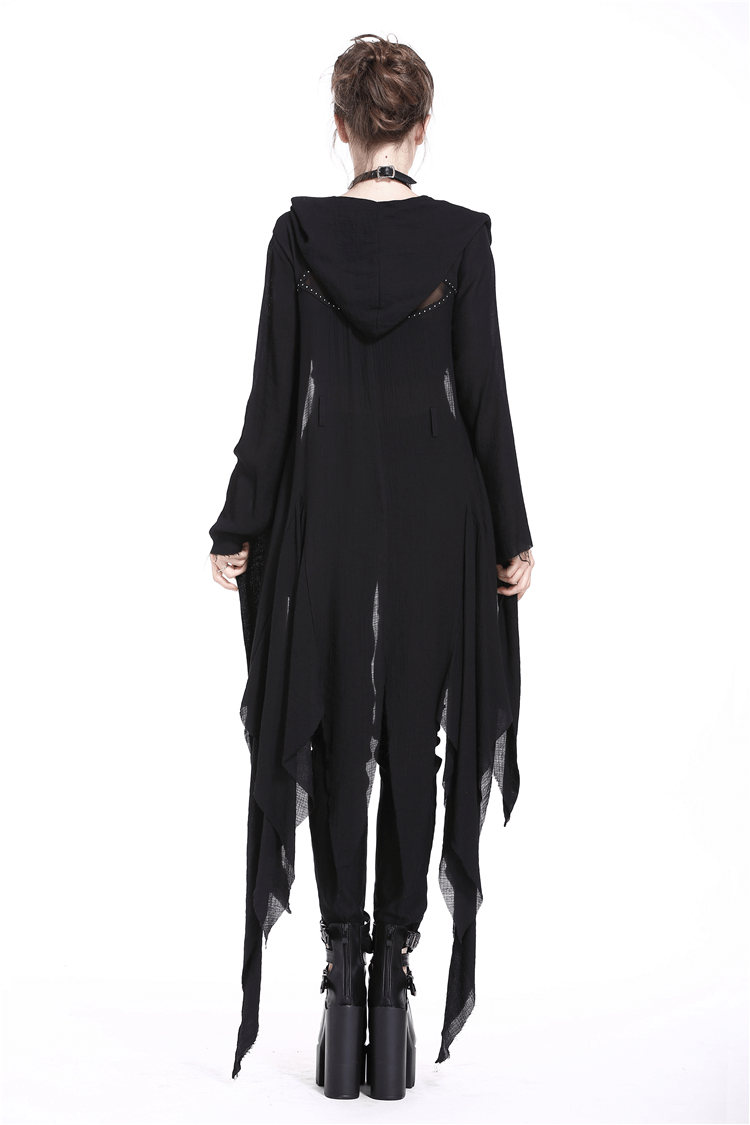 Back view of Crescent Moon Shredded Gothic Punk Long Hoodie Trench Coat with dramatic oversized hood.