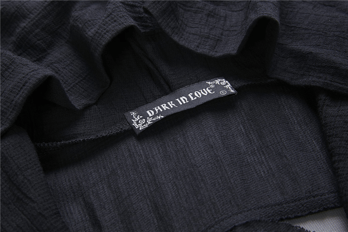 Inside label of Dark in Love Crescent Moon Shredded Hoodie Trench Coat, highlighting its gothic punk style.