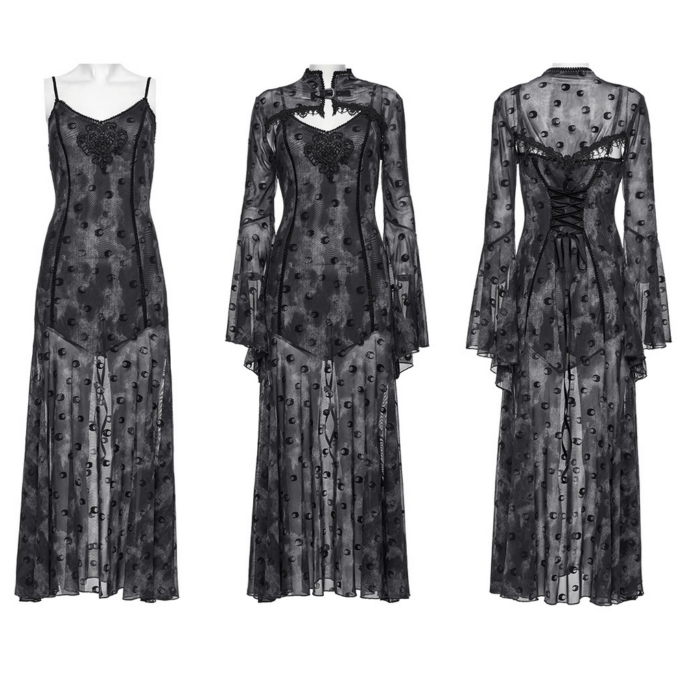 Crescent print two-piece dress featuring layered gothic mesh and lace details, showcasing a romantic ethereal style.