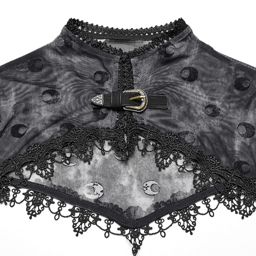 Crescent print gothic mesh top with lace trim and buckle detail, perfect for an ethereal fashion statement.