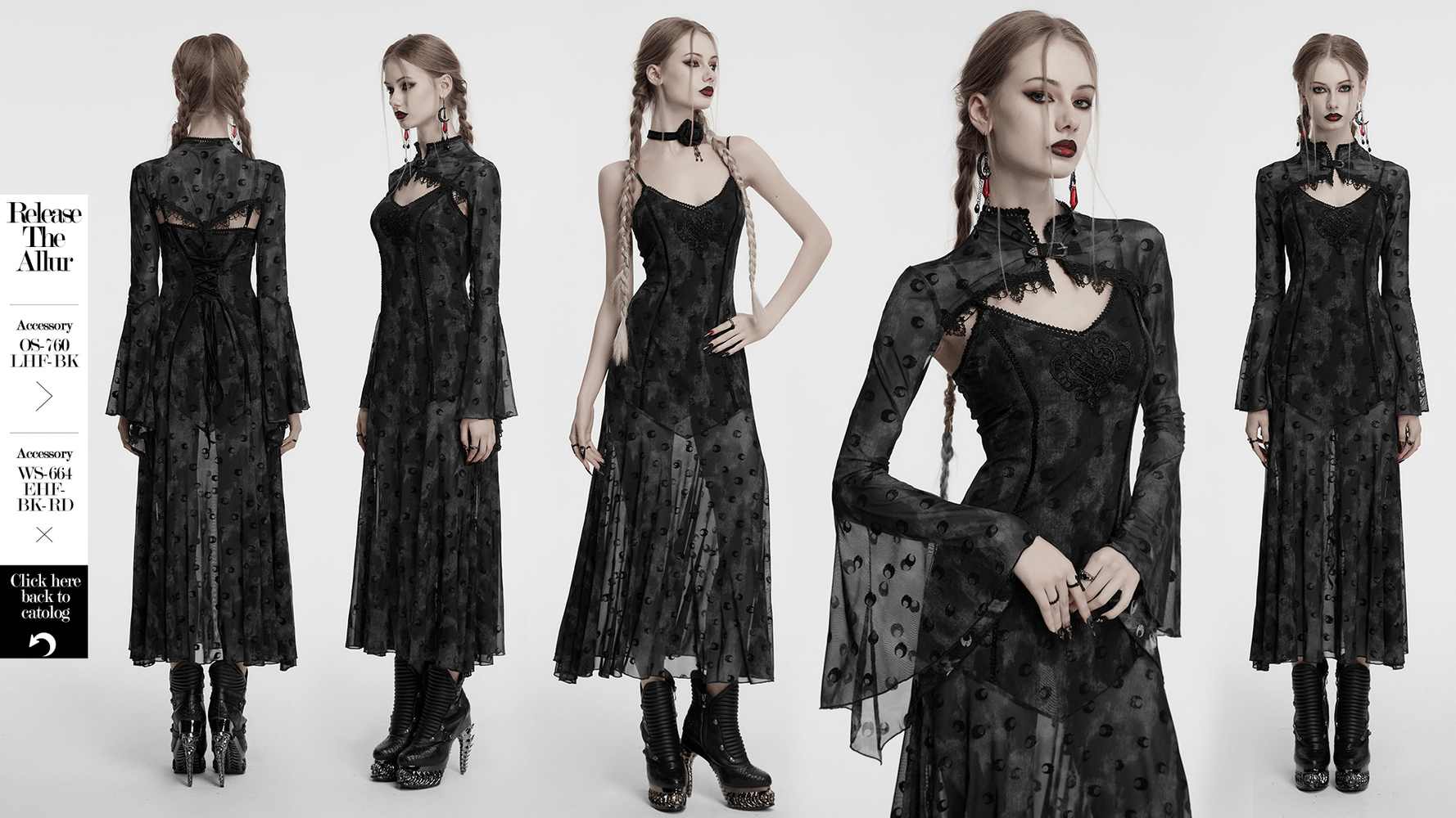 Gothic mesh two-piece dress featuring crescent print, lace details, and layered skirt for an ethereal look.