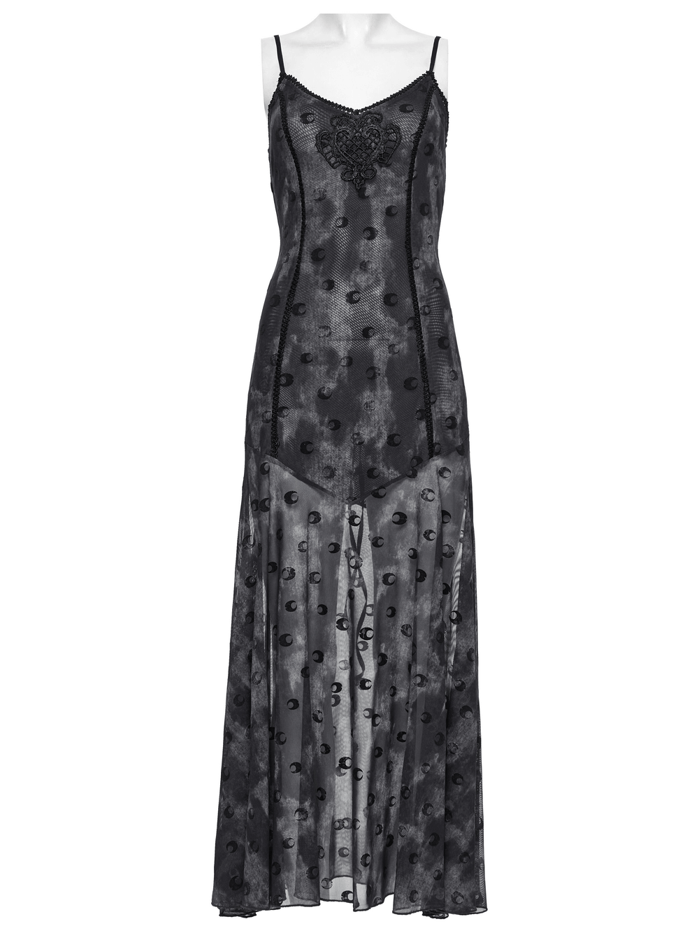 Crescent print two-piece dress featuring gothic mesh, lace details, and an ethereal moon pendant design.