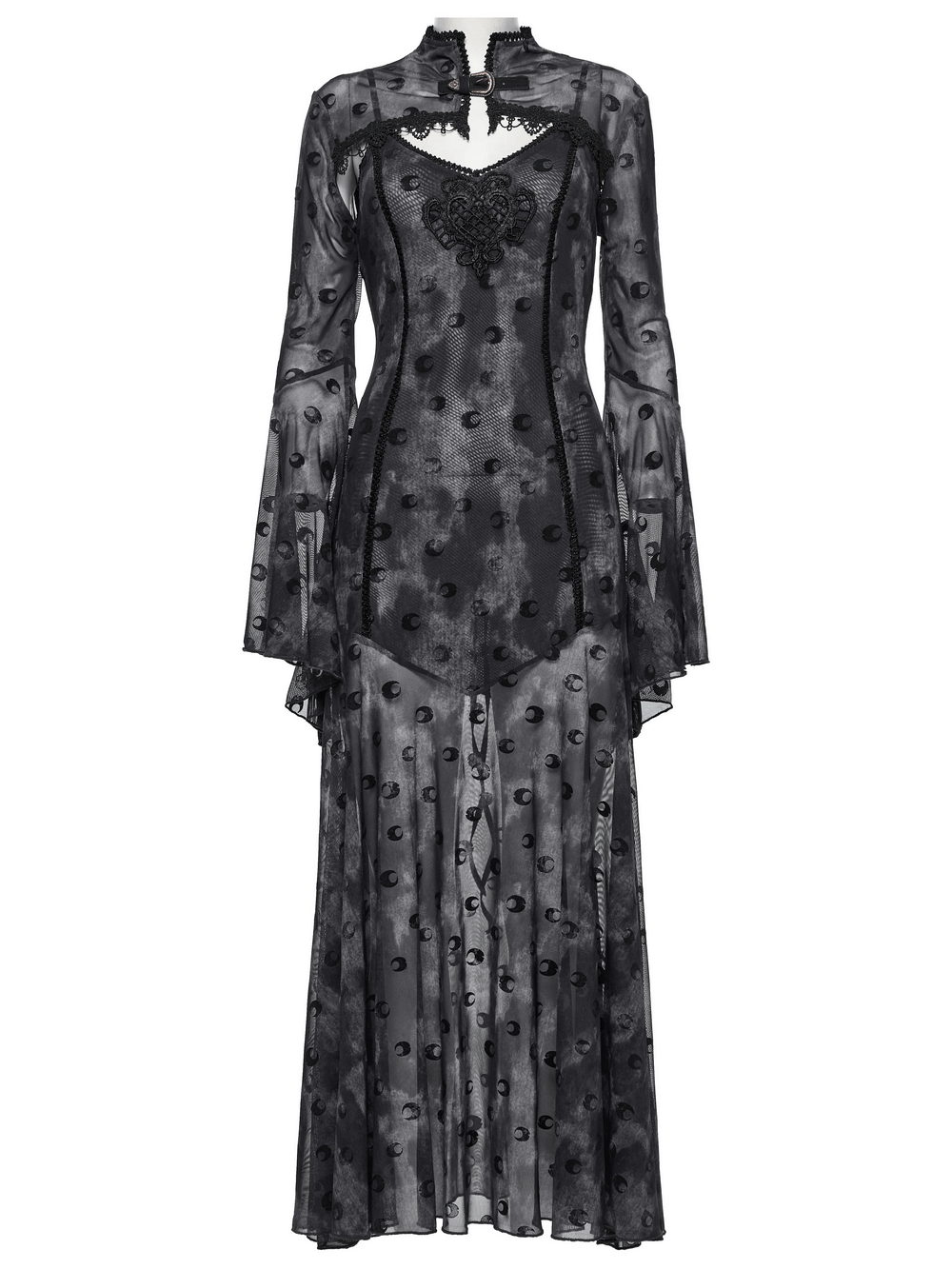 Crescent print two-piece gothic mesh dress with lace details and flowing sleeves.