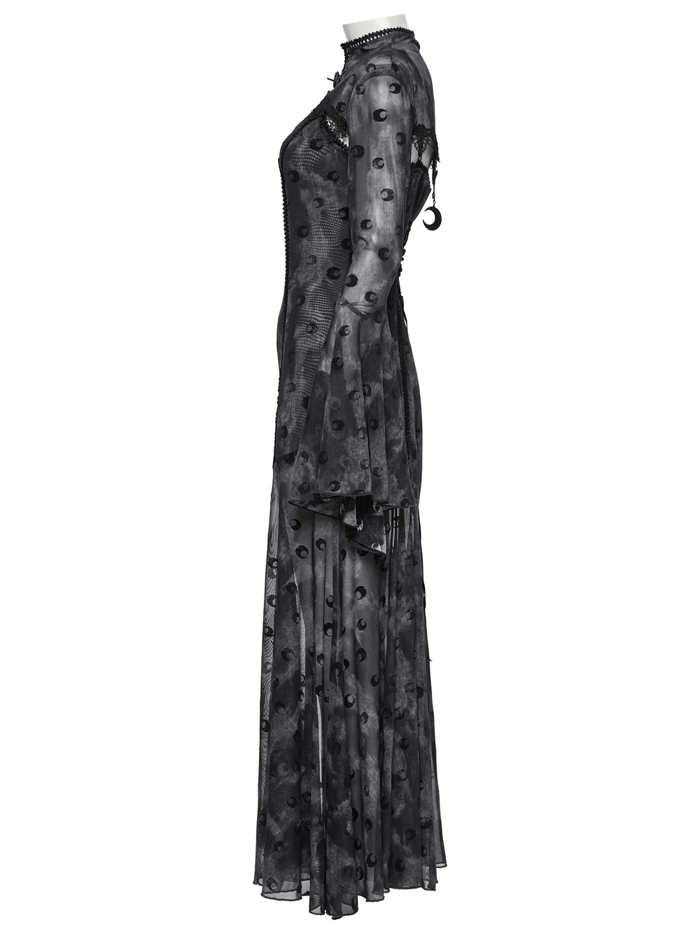 Crescent print two-piece dress in gothic mesh with lace, featuring an elegant side view of layered design.