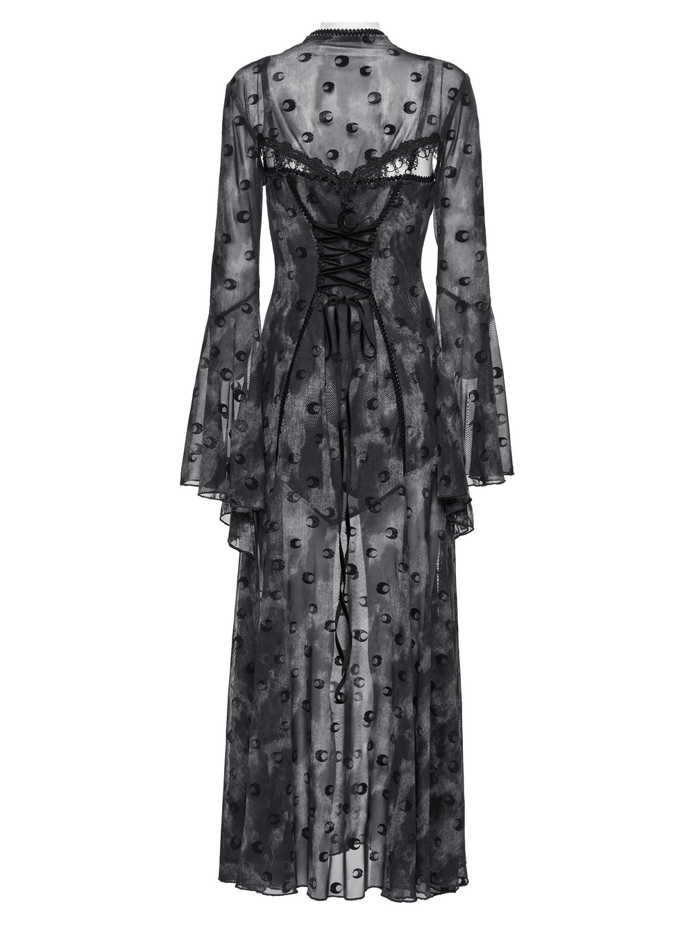 Crescent print two-piece dress with gothic mesh and lace details, featuring an ethereal layered design.