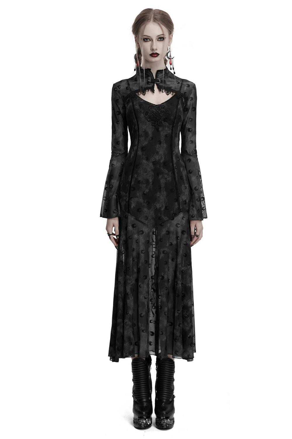 Gothic mesh moon print dress with lace details, featuring layered skirt and ethereal silhouette.