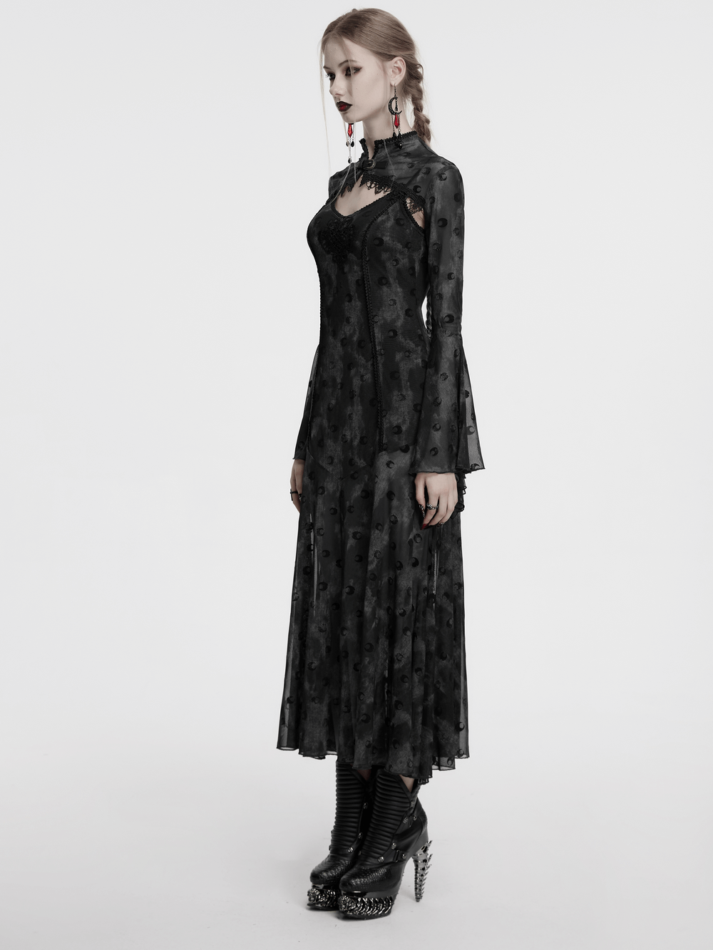 Crescent print two-piece gothic dress with mesh layers and lace details, showcasing a beautiful side view.