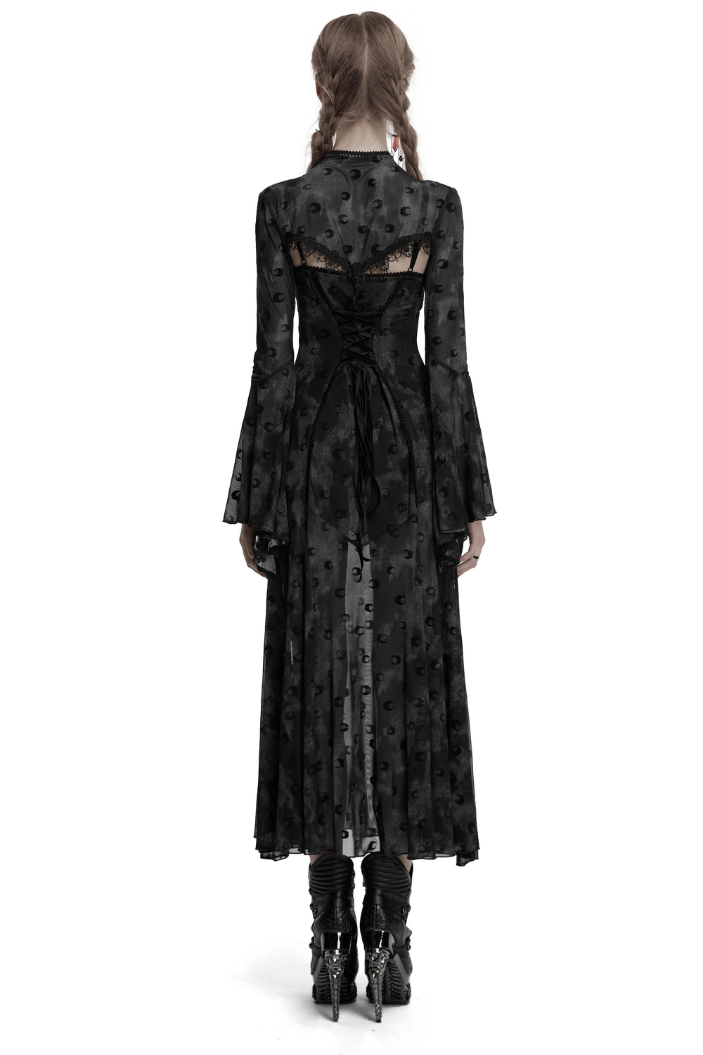 Back view of a Gothic Mesh Crescent Print two-piece dress with lace details and flowing skirt.