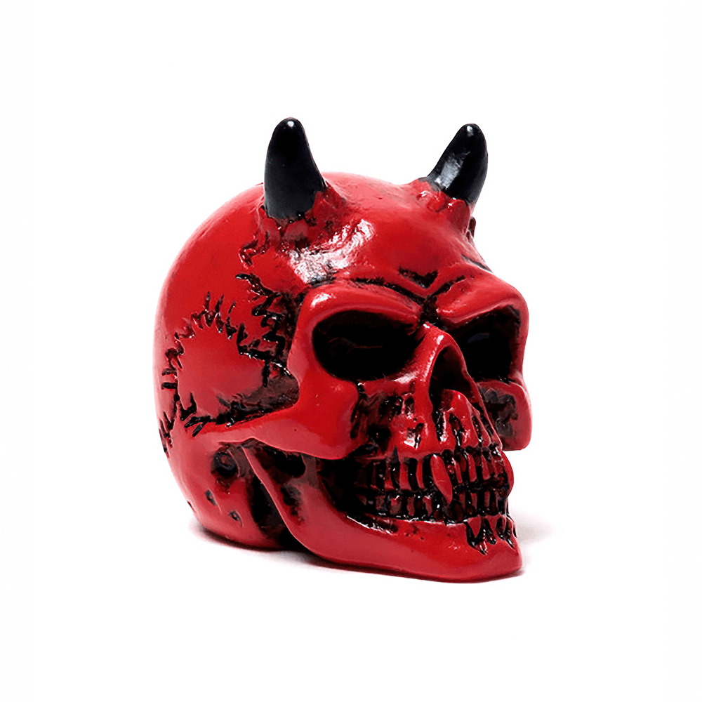 Crimson Demon Skull Miniature with Horns, handcrafted resin figure of Vermiculus, Archduke of Chaos.